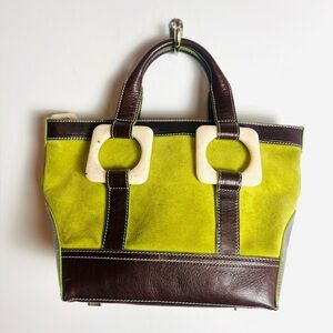 Jonathan Adler green suede brown leather hand bag Tote